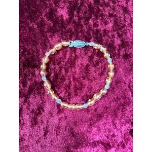 Vintage Jewelry - Bracelet - Silver Tone Metal - Clear Amber Beads - England